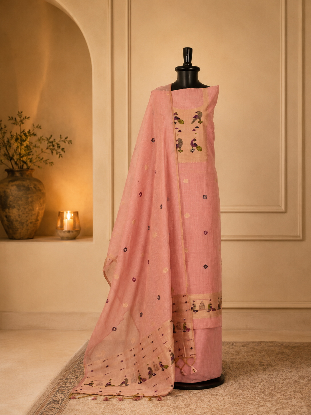 Pink Jamdani Suit With Peacock Motifs