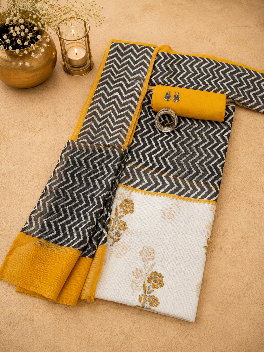 Mustard Kota Doria Ethnic Suit Set