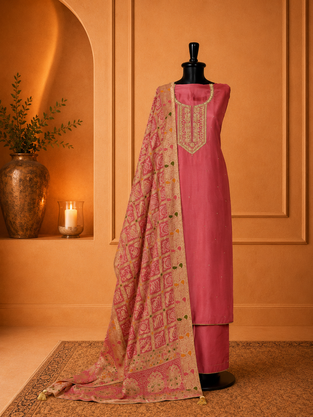 Old Rose Uppada Silk Zardozi Suit Set