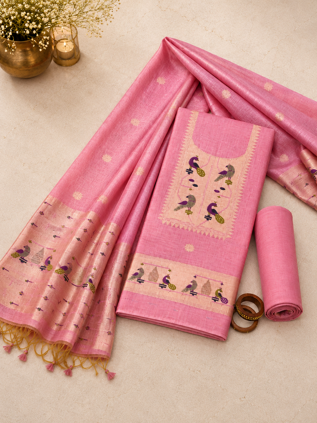 Pink Jamdani Suit With Peacock Motifs