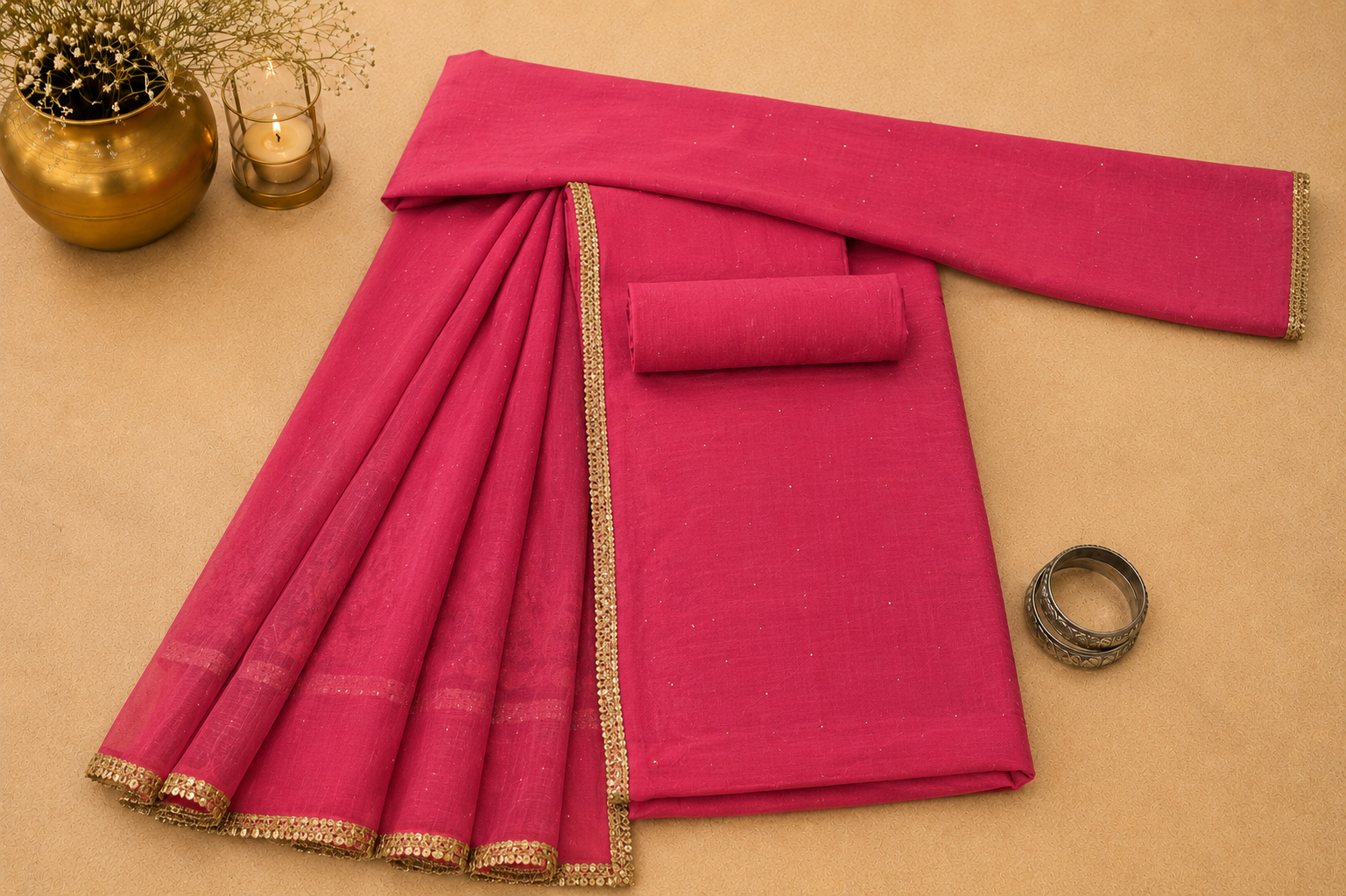 Magenta Mukesh Work Kota Doria Suit Set