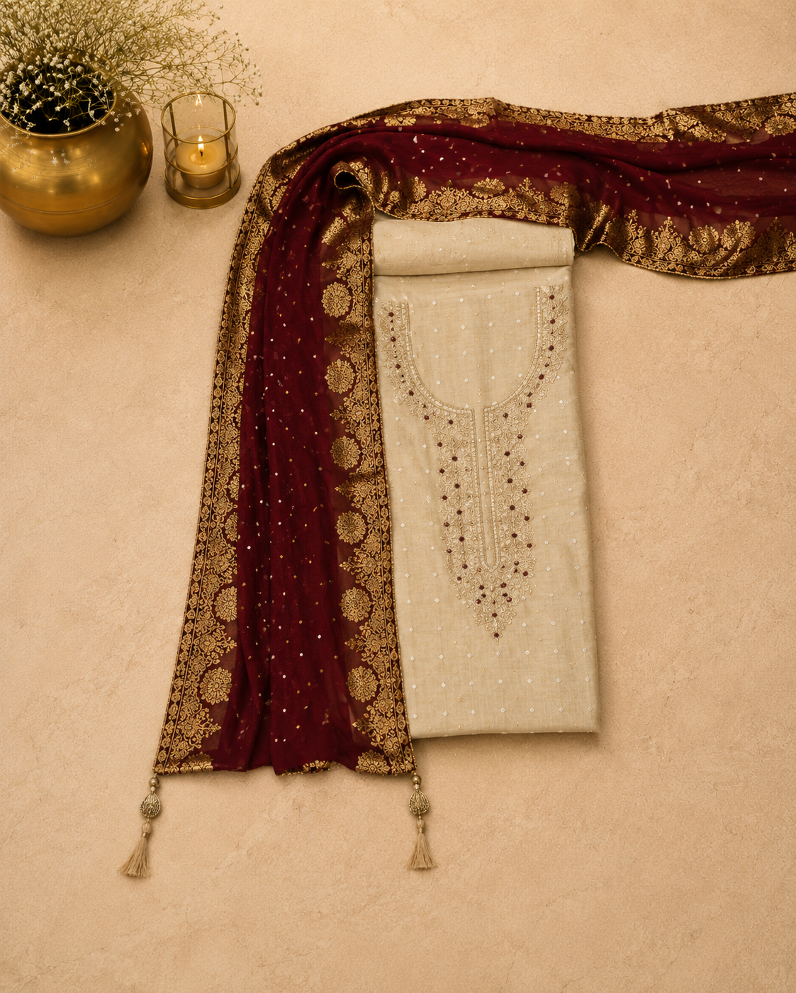 Pearl White Banarasi Zardozi Suit Set