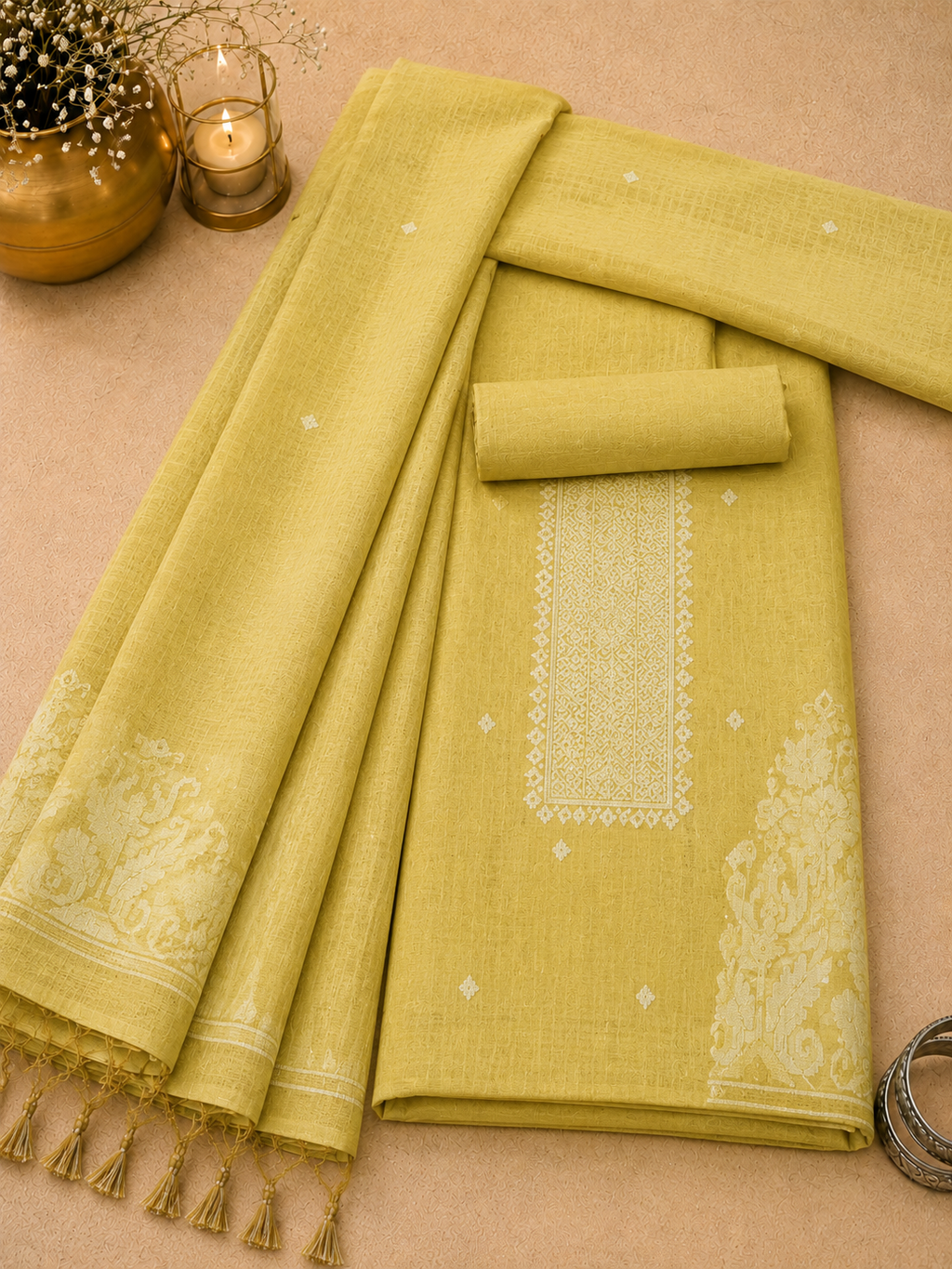 Yellow Embroidered Jamdani Suit Set with Woven Dupatta