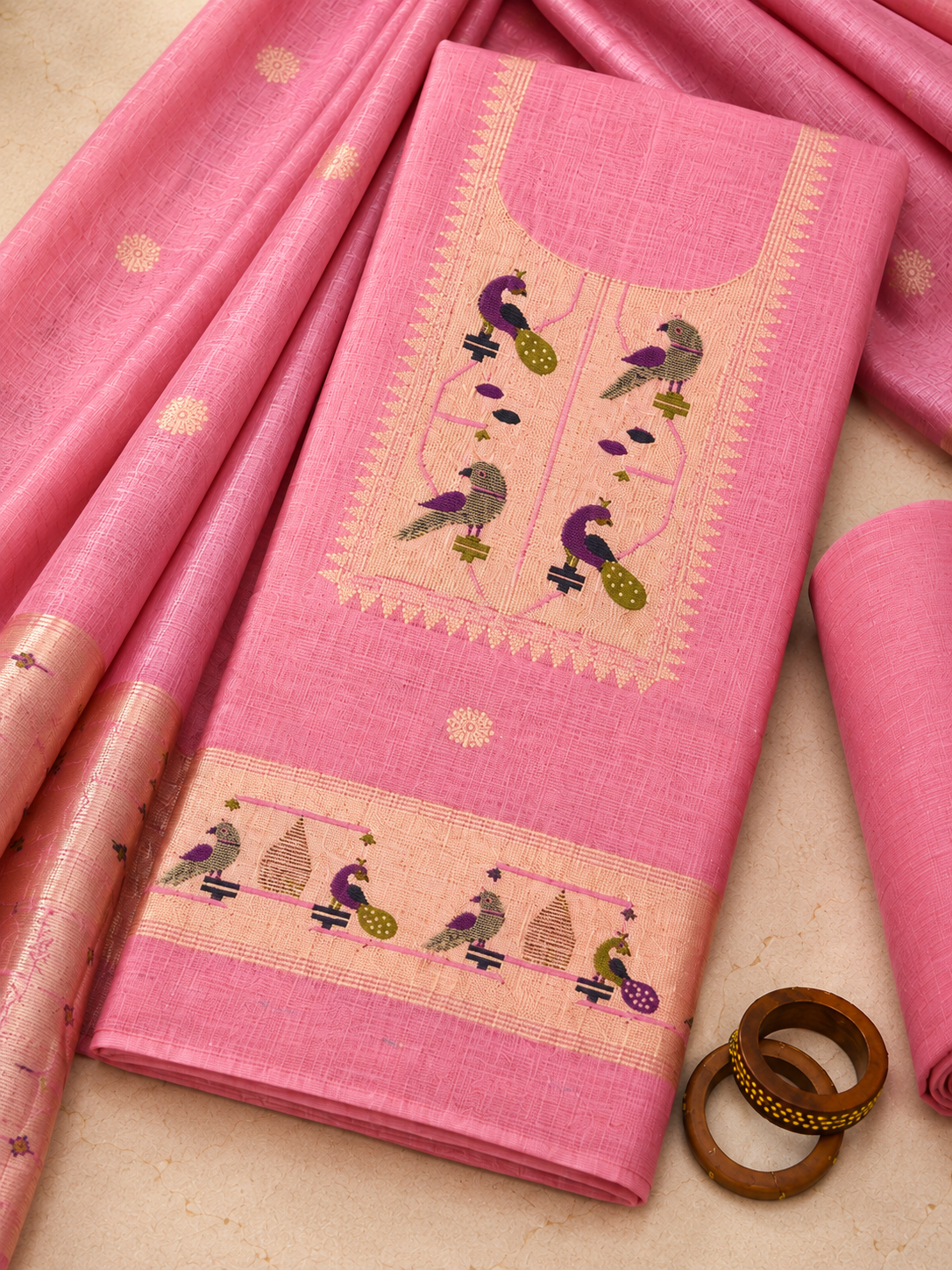 Pink Jamdani Suit With Peacock Motifs