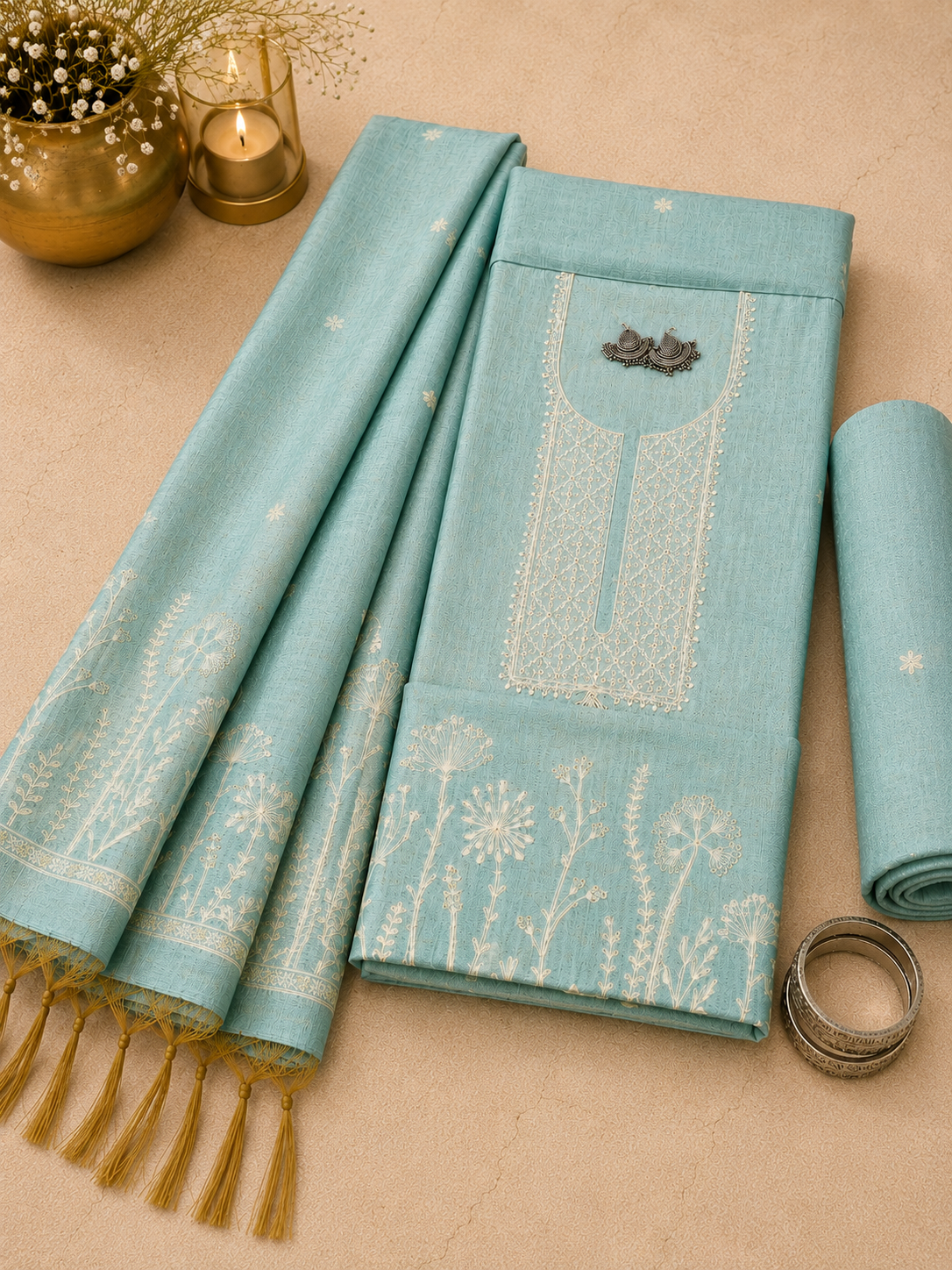 Green Embroidered Yoke Jamdani Suit Set