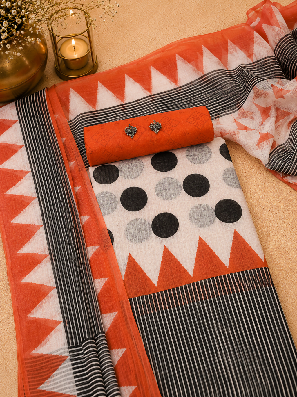 Burnt Orange Kota Doria Designer Suit Set
