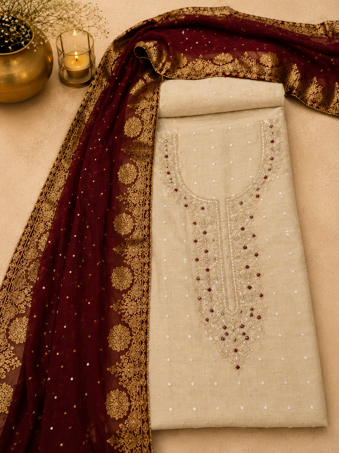 Pearl White Banarasi Zardozi Suit Set