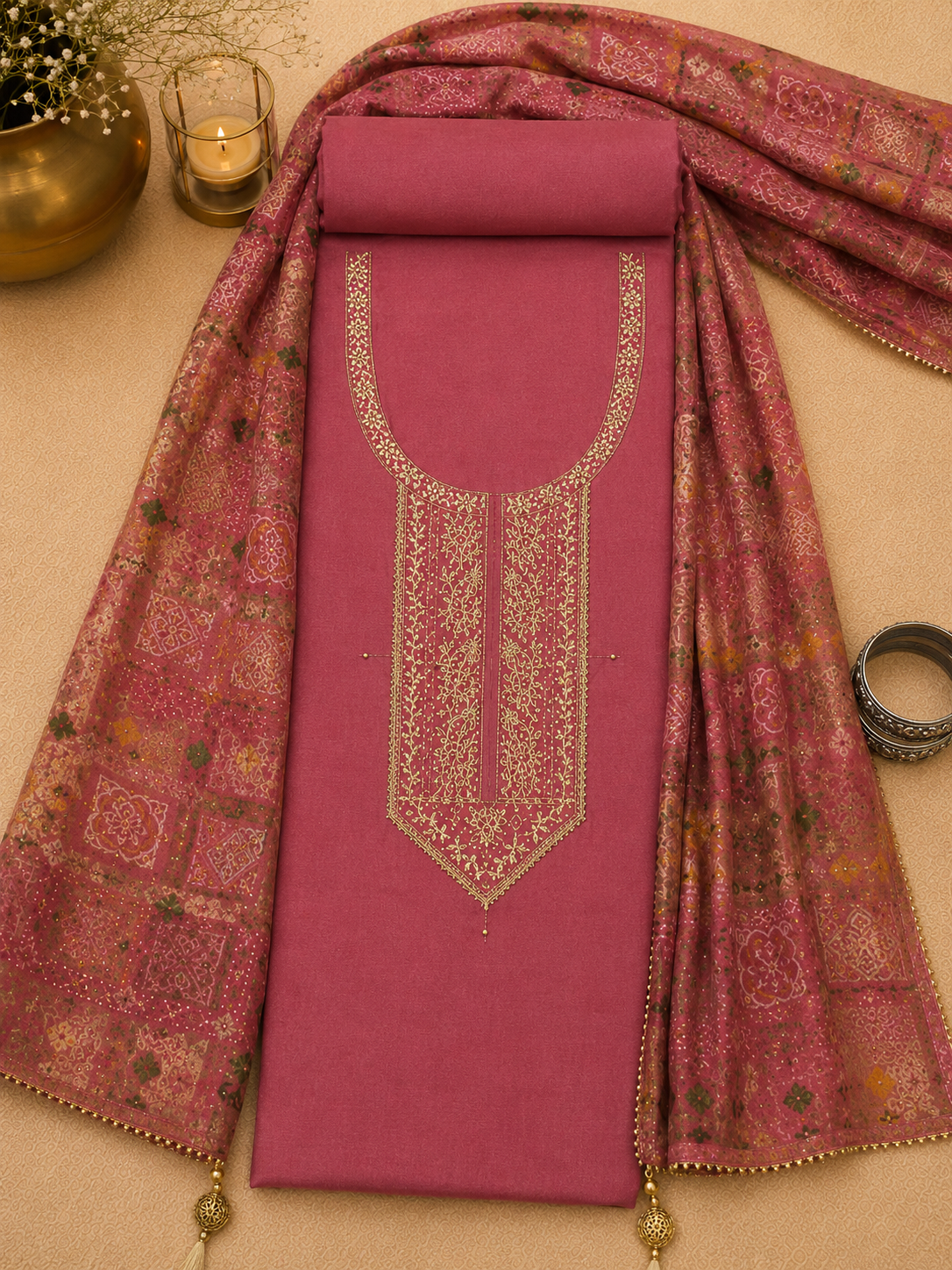 Old Rose Uppada Silk Zardozi Suit Set