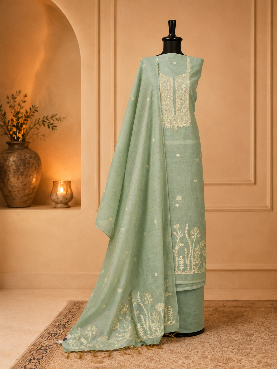 Green Embroidered Yoke Jamdani Suit Set