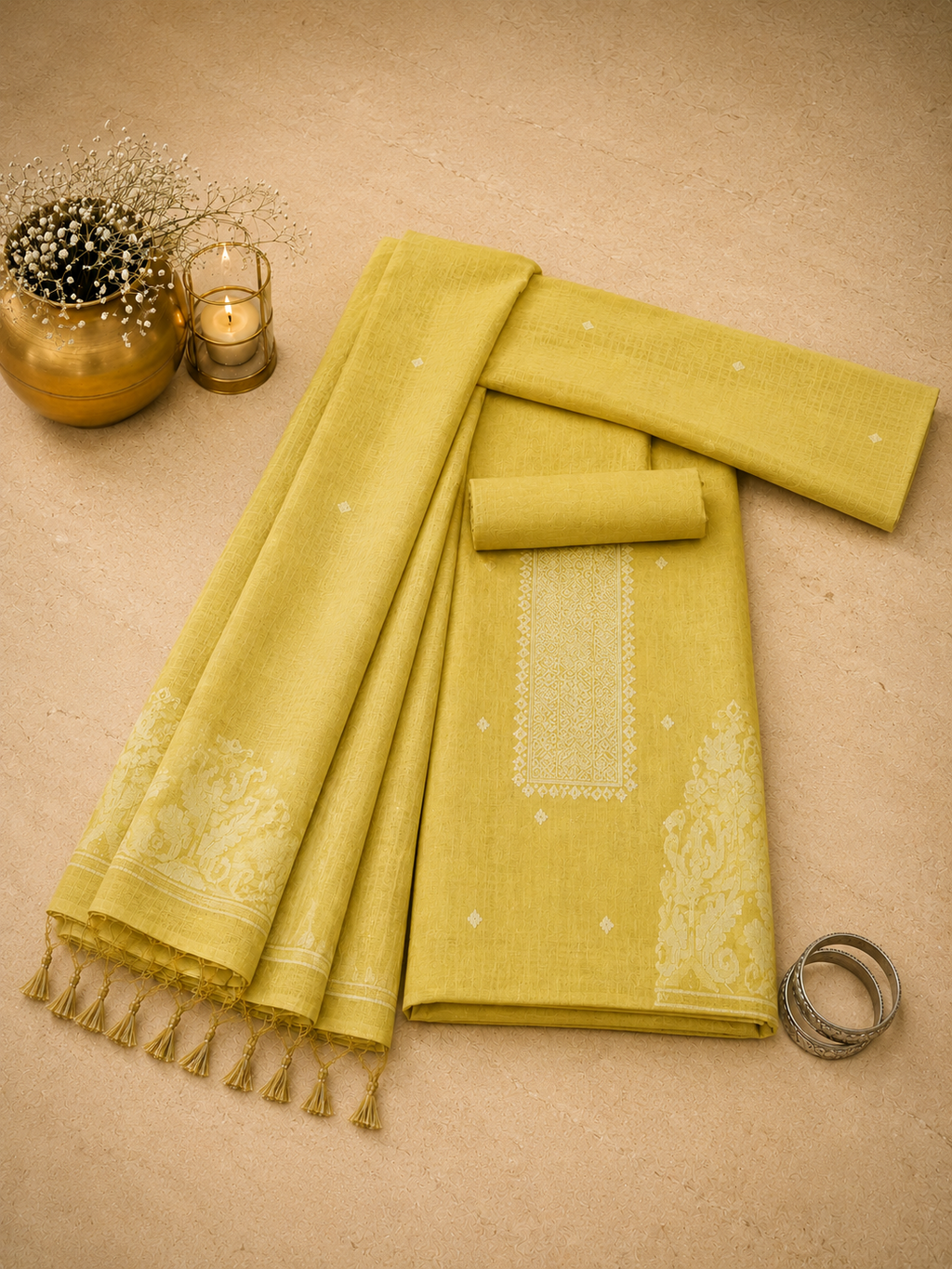 Yellow Embroidered Jamdani Suit Set with Woven Dupatta