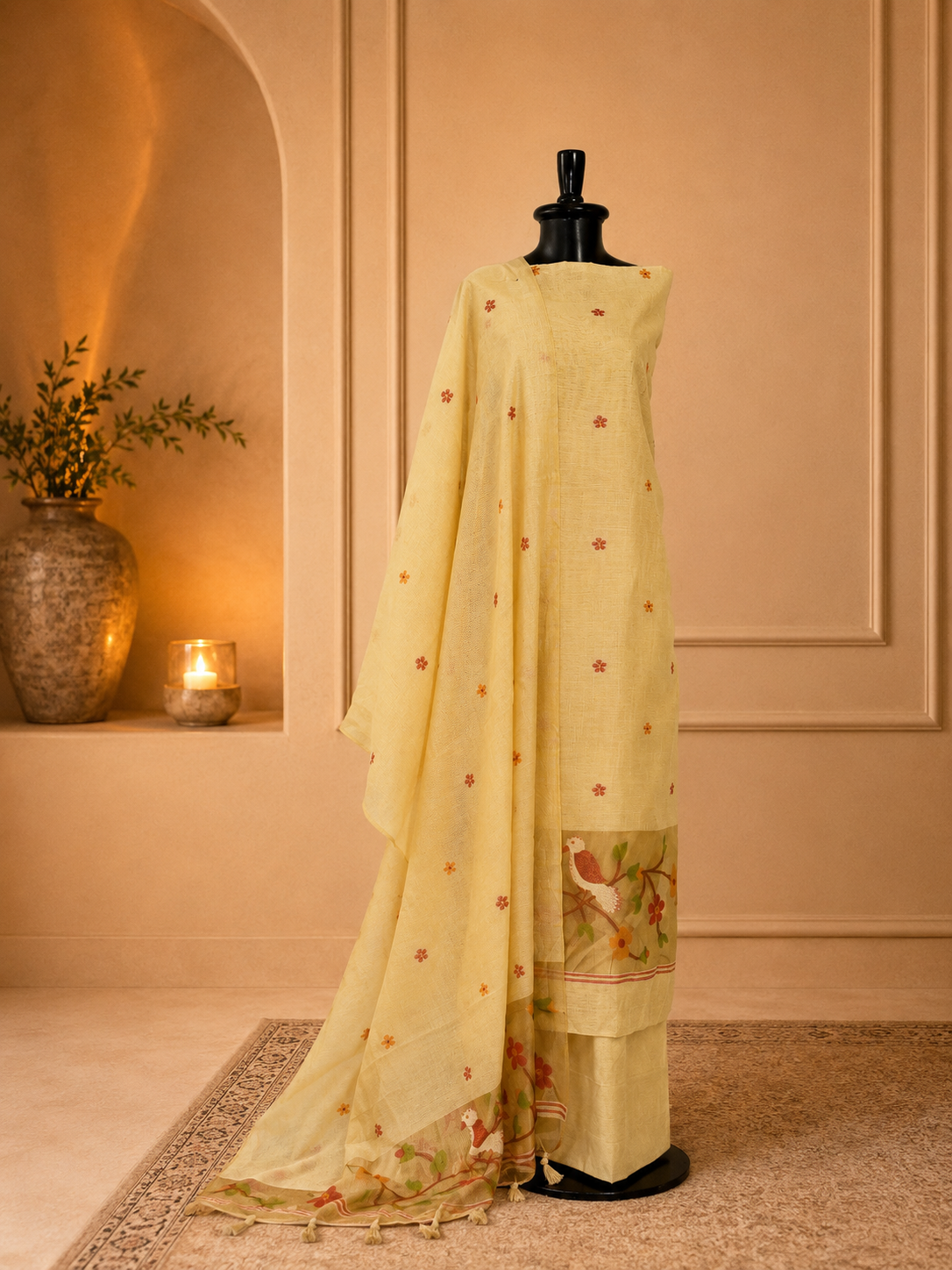 Beige Bird Motif Jamdani Suit Set