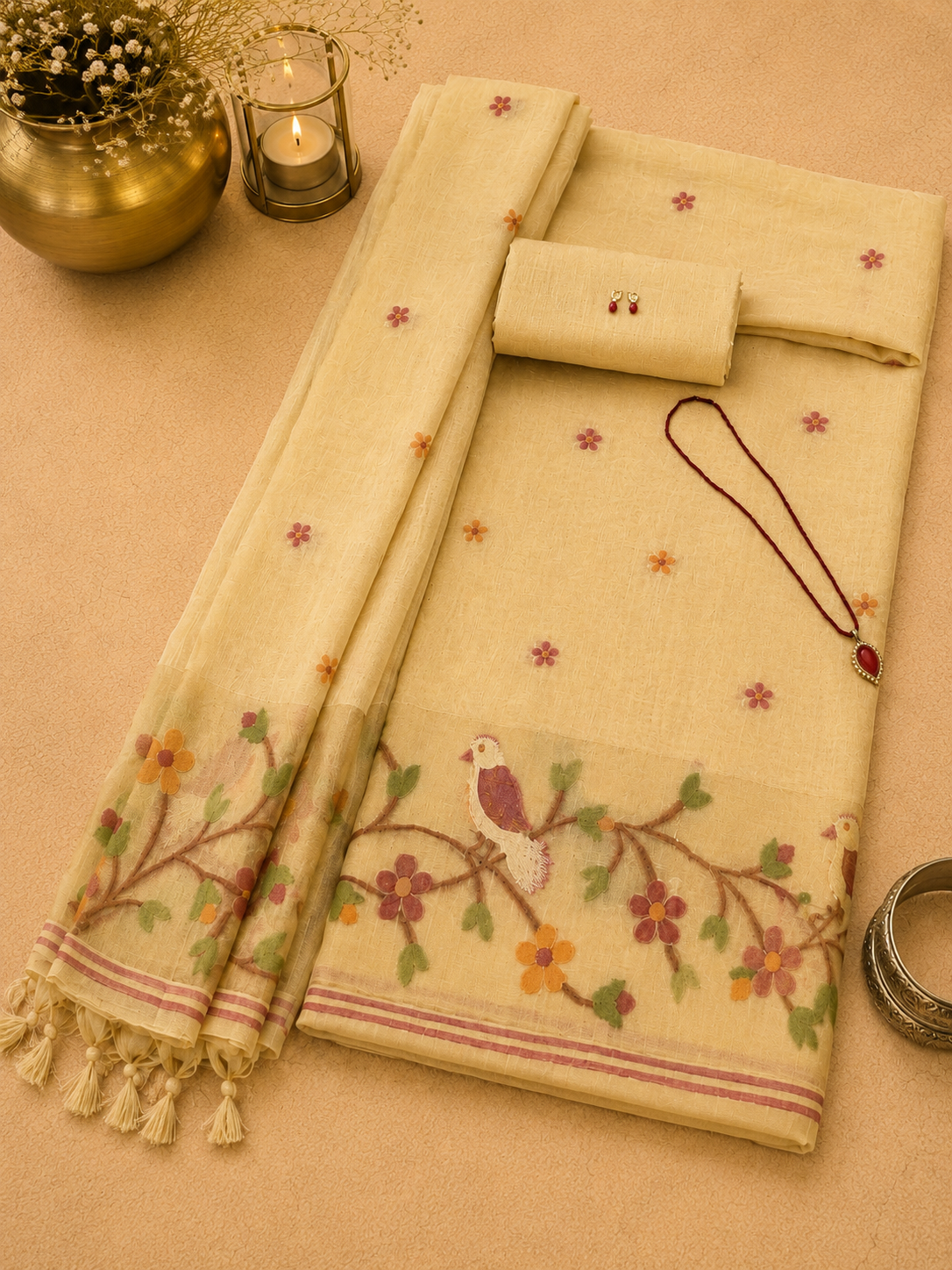 Beige Bird Motif Jamdani Suit Set