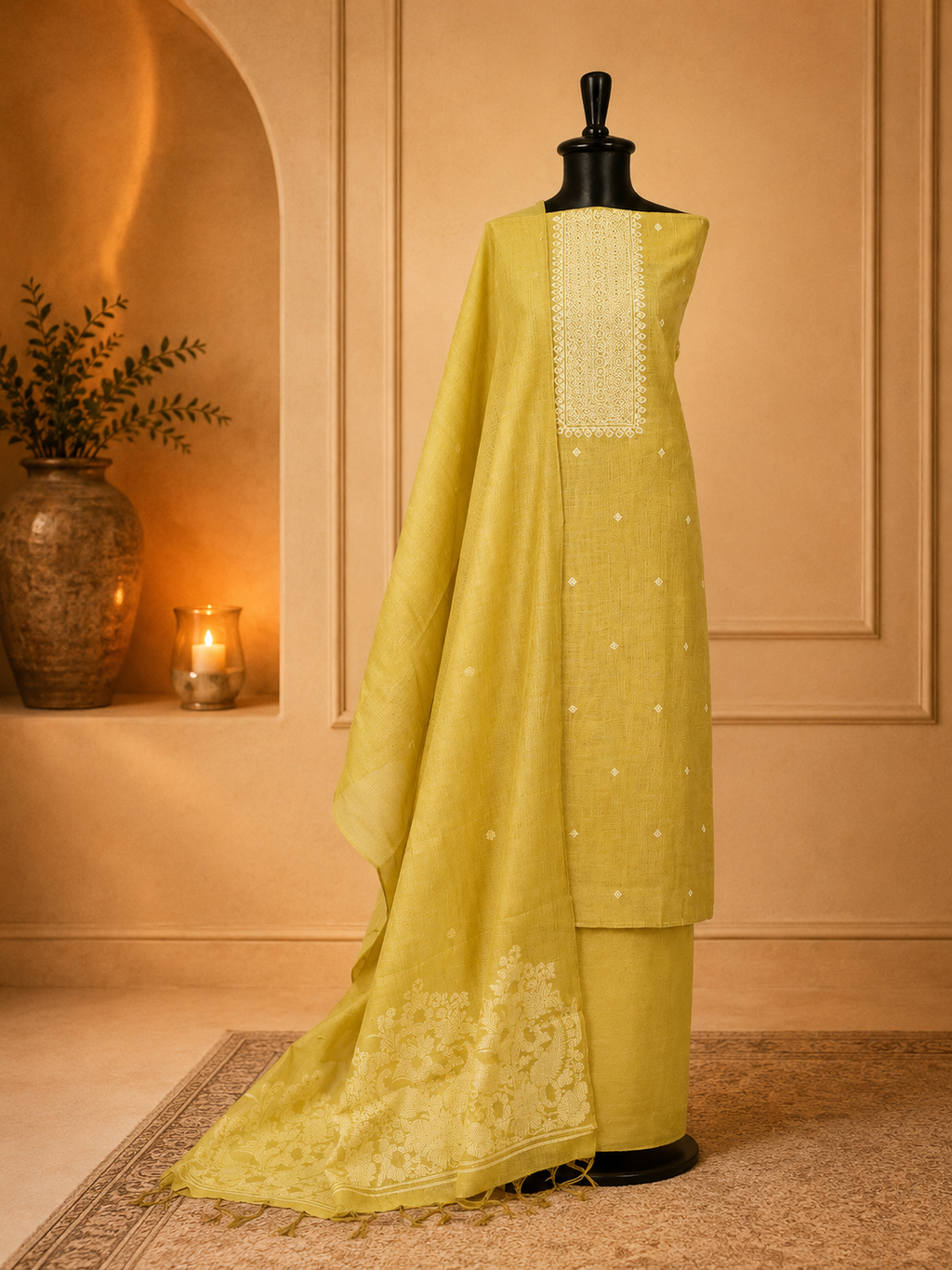 Yellow Embroidered Jamdani Suit Set with Woven Dupatta