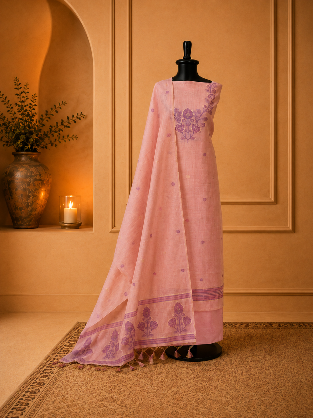 Elegant pink Jamdani suit with floral motifs