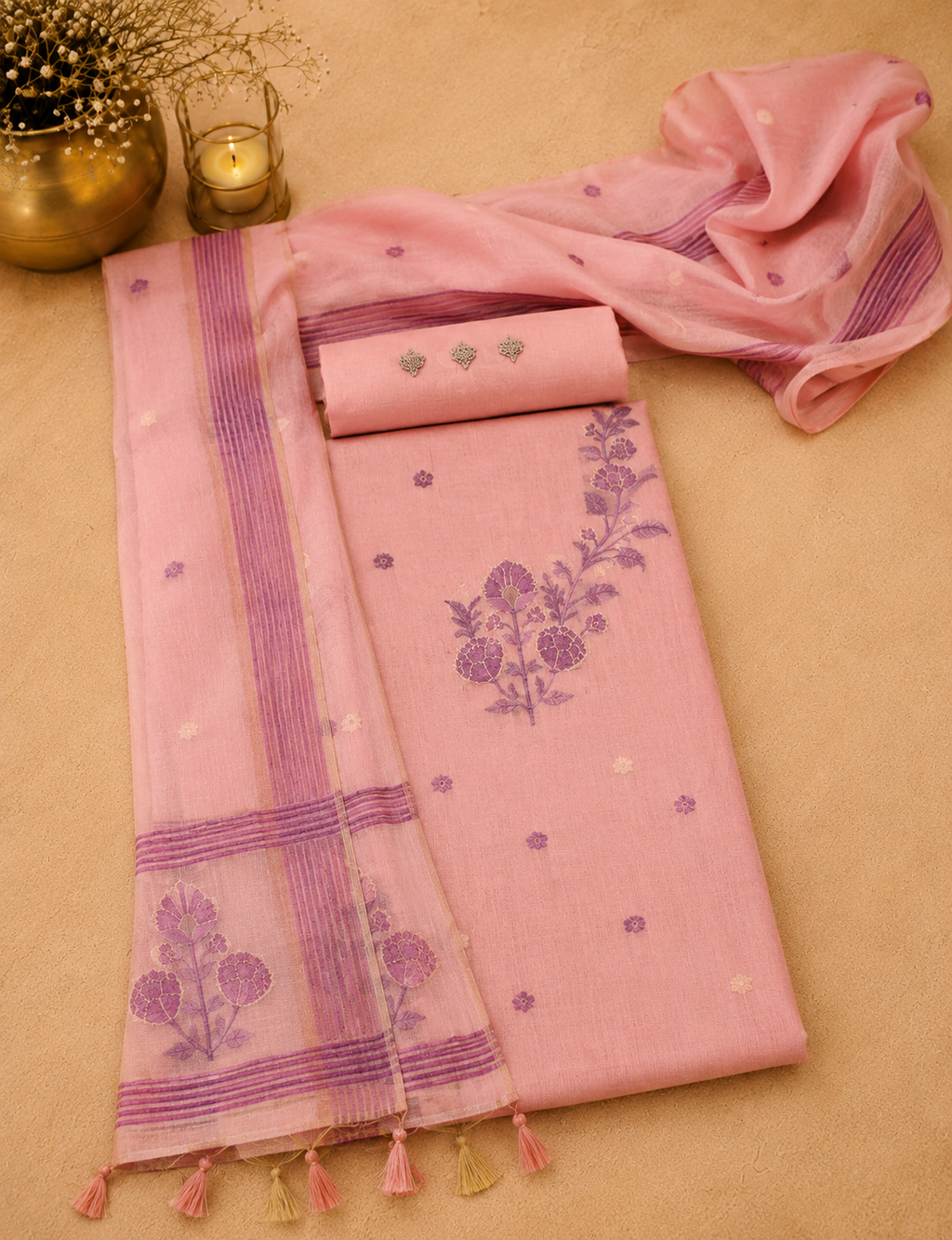 Elegant pink Jamdani suit with floral motifs