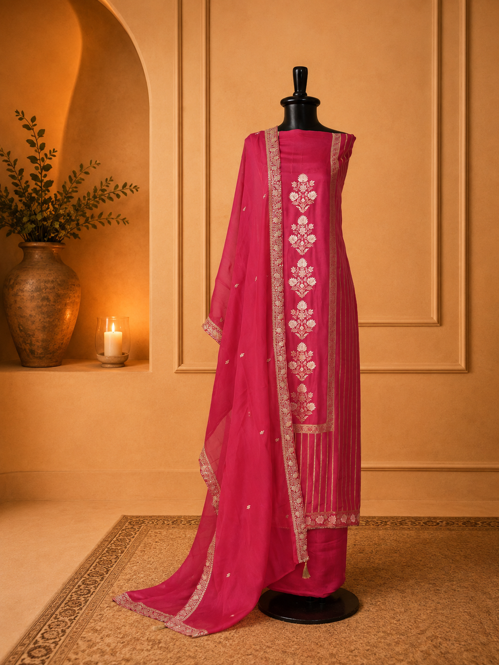 Rich magenta Banarasi suit featuring an elegant long yoke