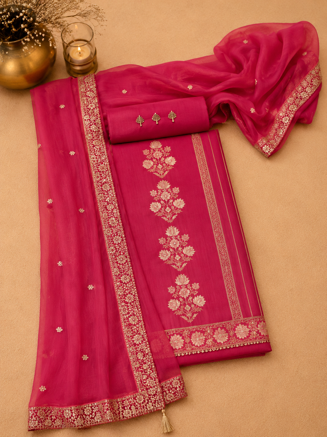 Rich magenta Banarasi suit featuring an elegant long yoke