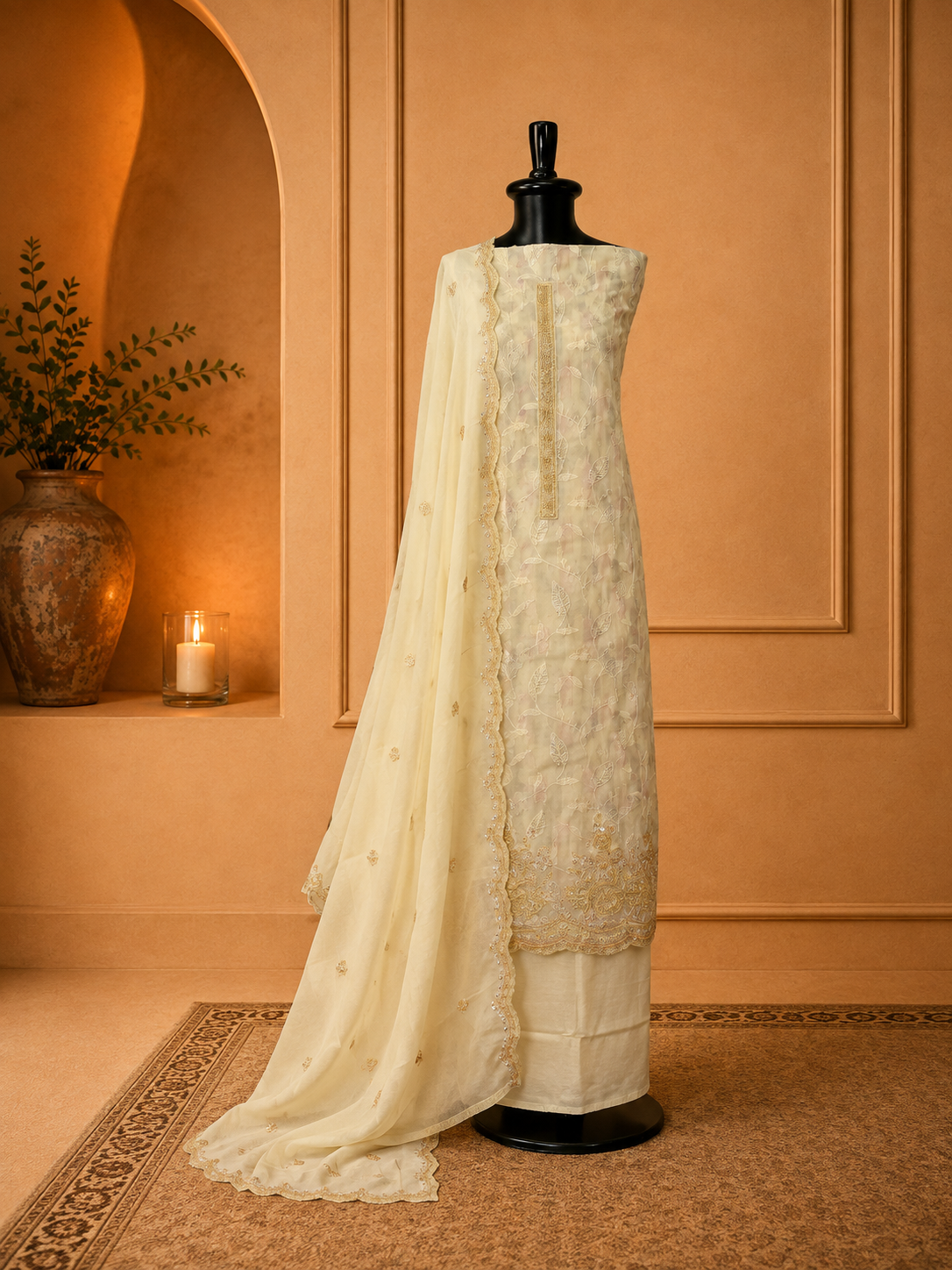 Elegant self-embroidered organza suit