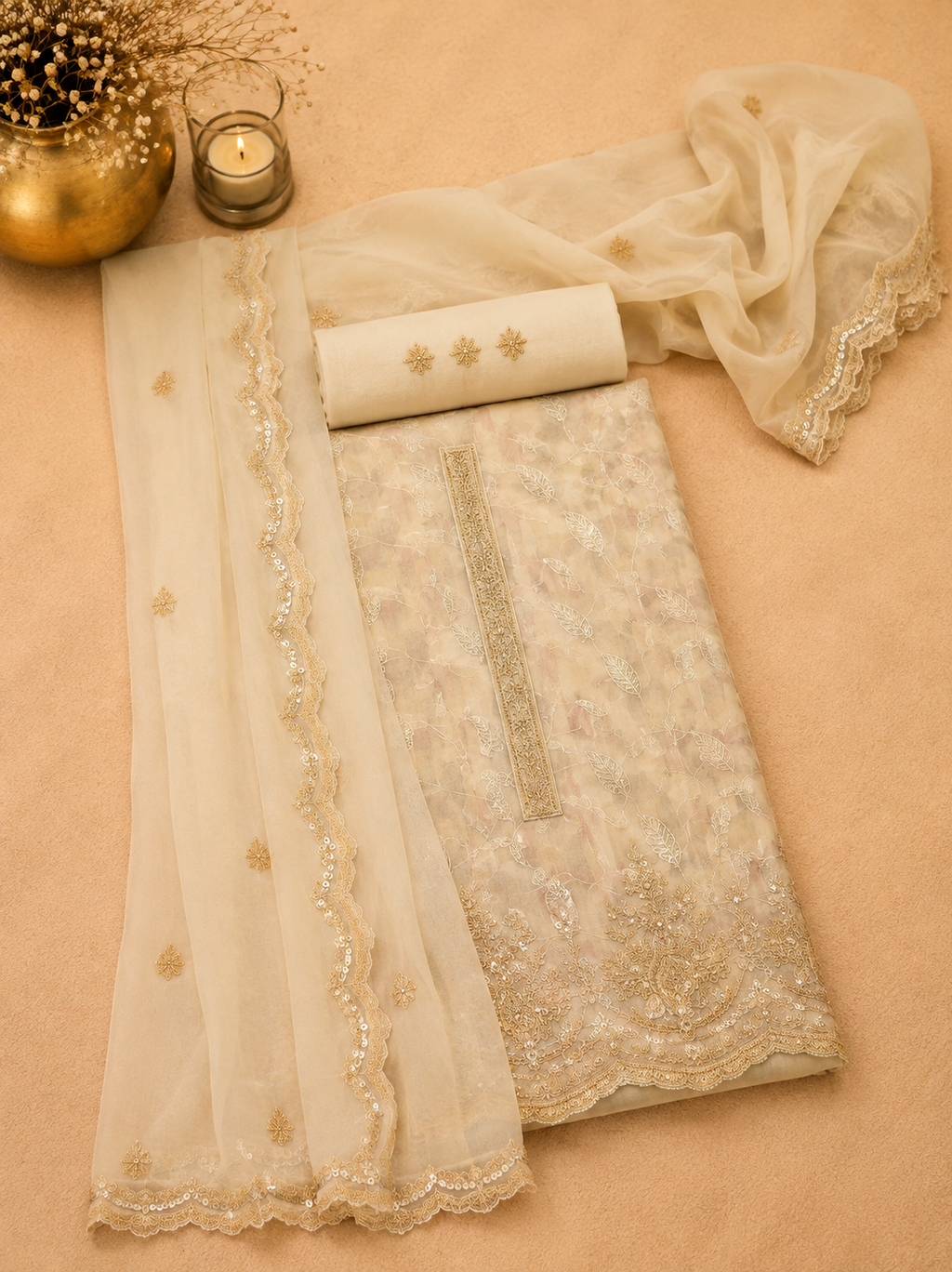 Elegant self-embroidered organza suit