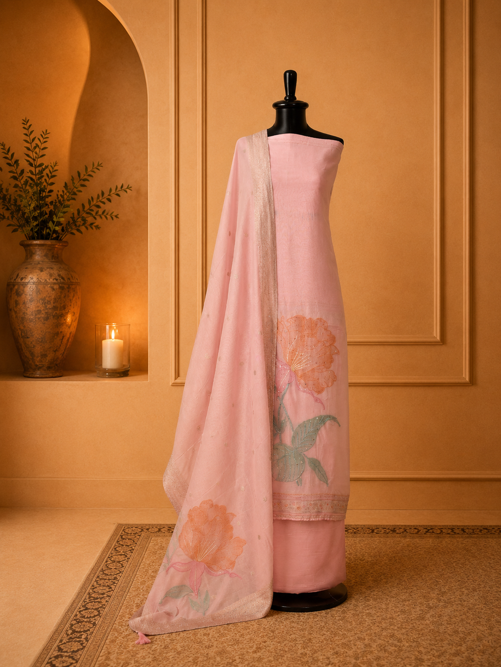 Soft pink organza Banarasi suit with a modern touch