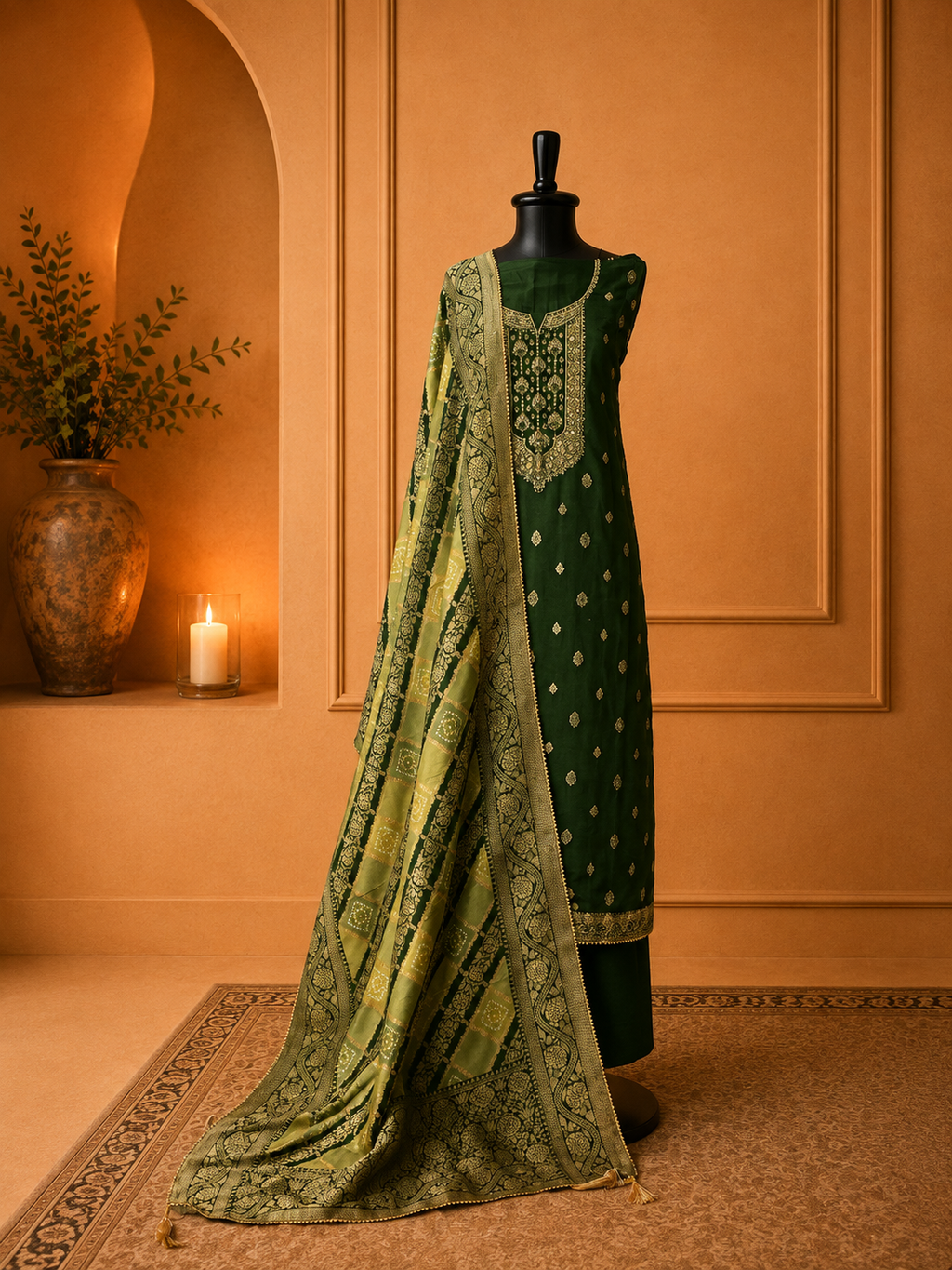 Elegant bottle green Banarasi suit featuring a hand-embroidered yoke