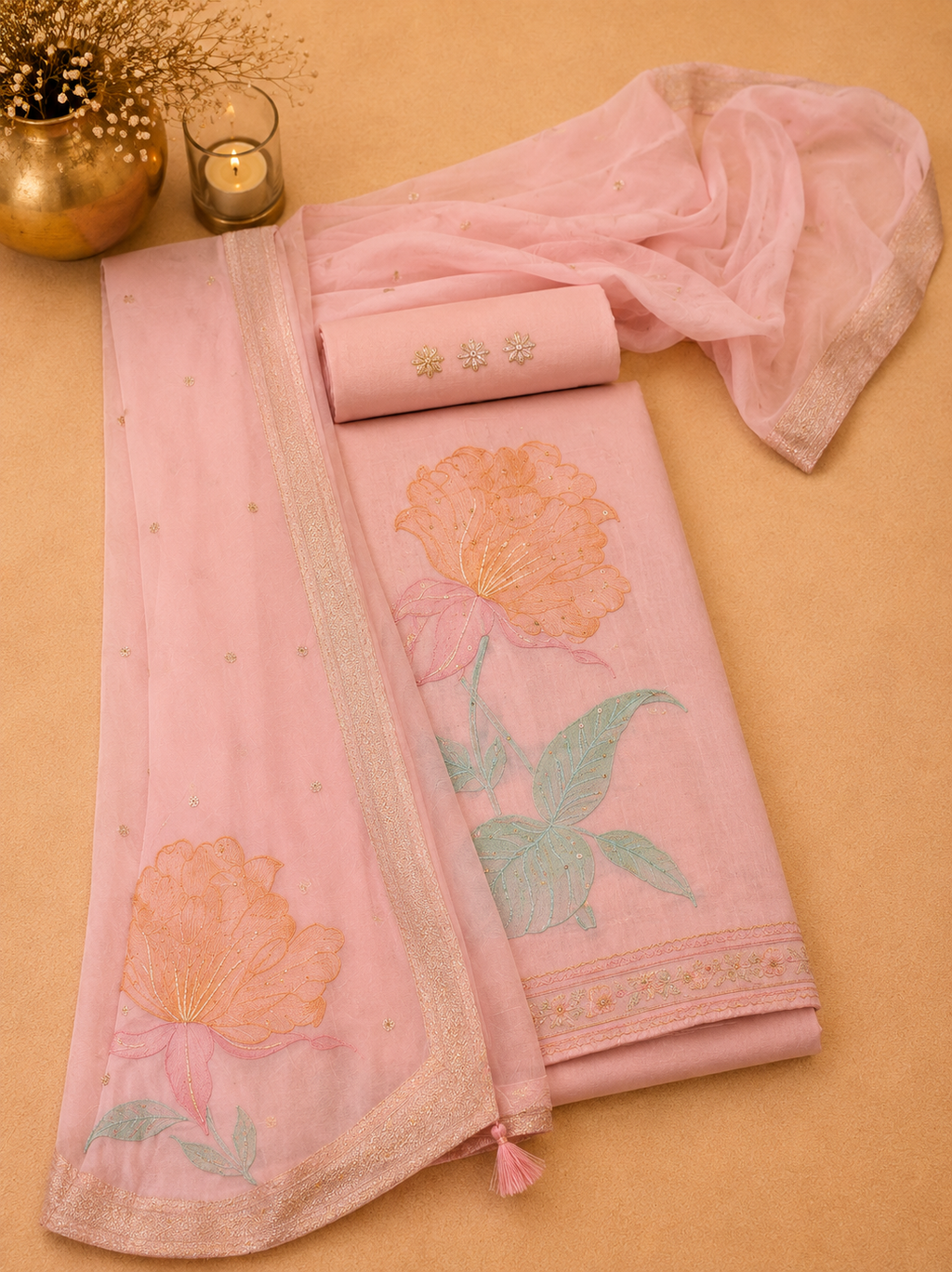 Soft pink organza Banarasi suit with a modern touch