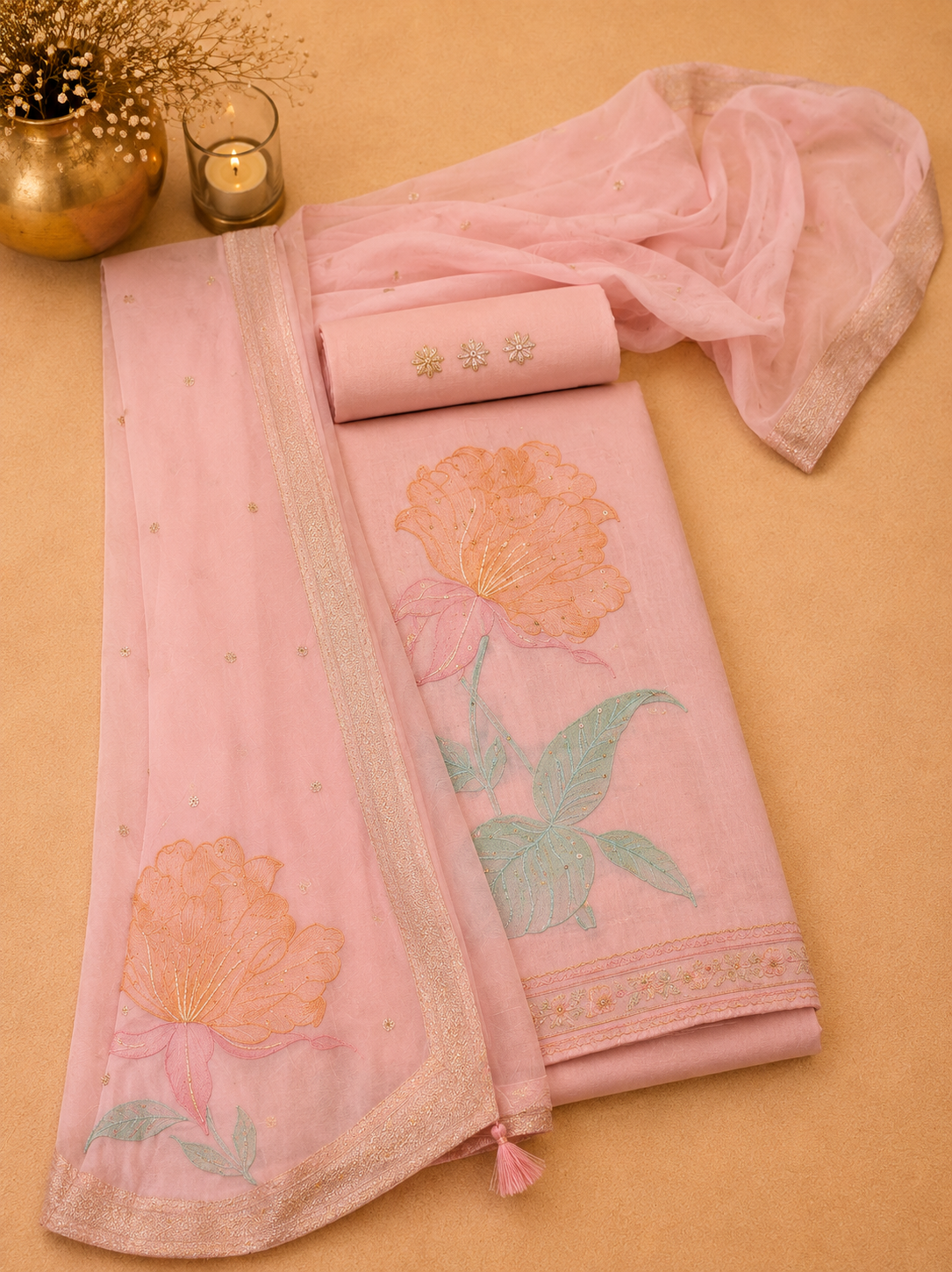 Soft pink organza Banarasi suit with a modern touch