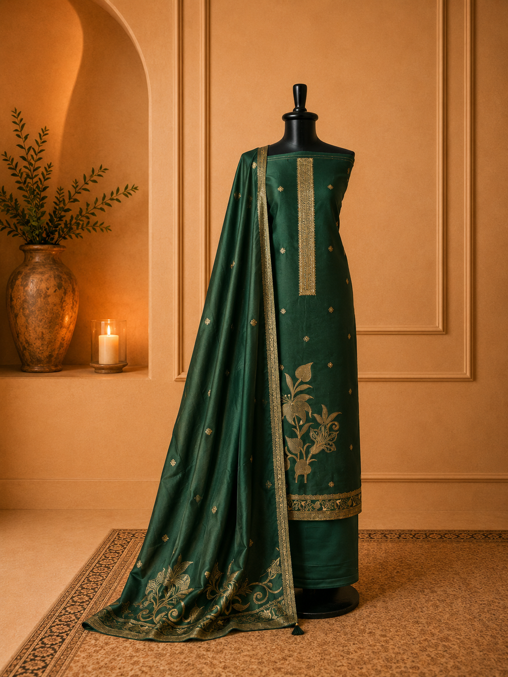 Dark green Banarasi suit with intricate weaving in a contemporary style