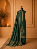Dark green Banarasi suit with intricate weaving in a contemporary style