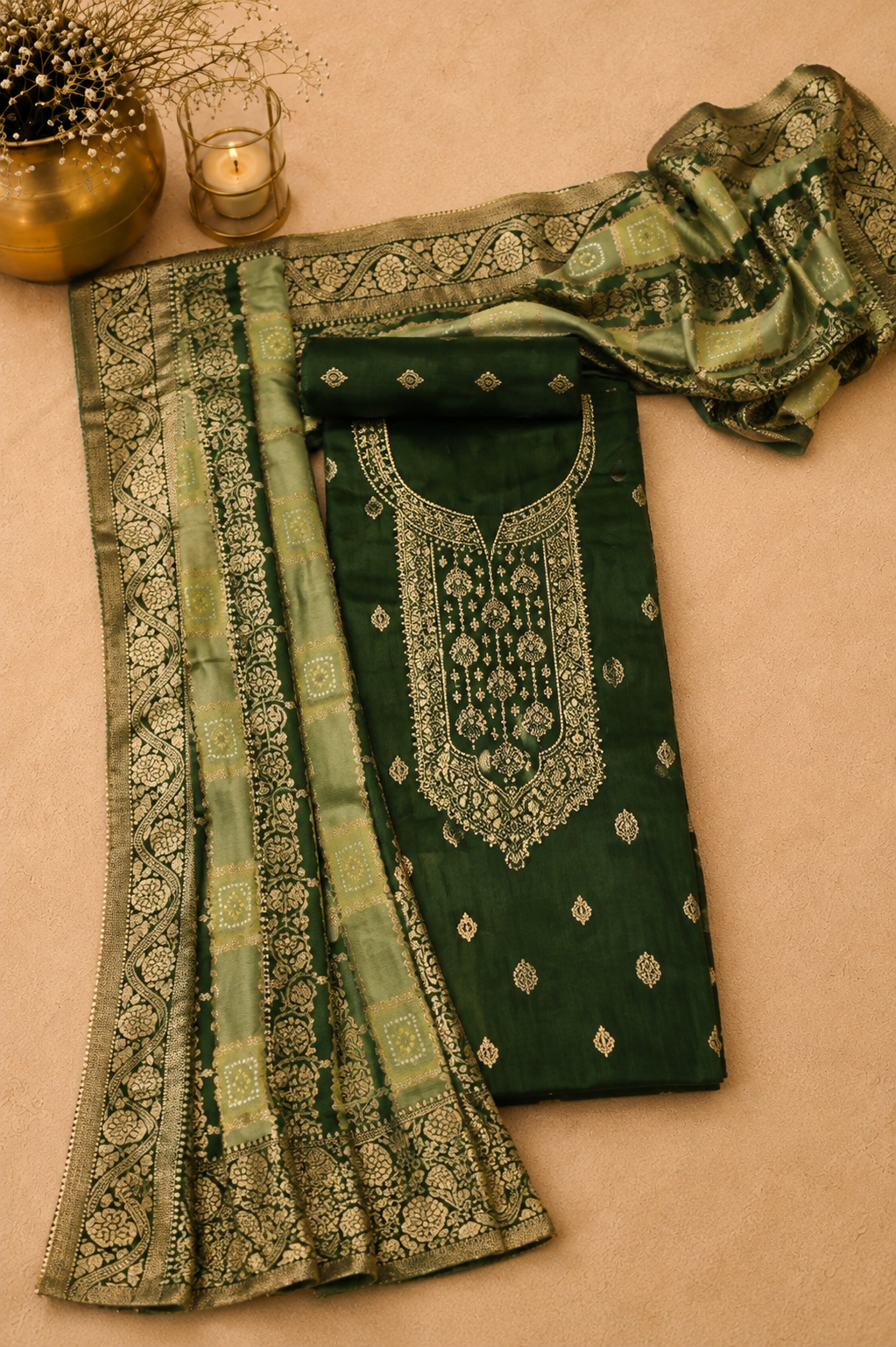 Elegant bottle green Banarasi suit featuring a hand-embroidered yoke