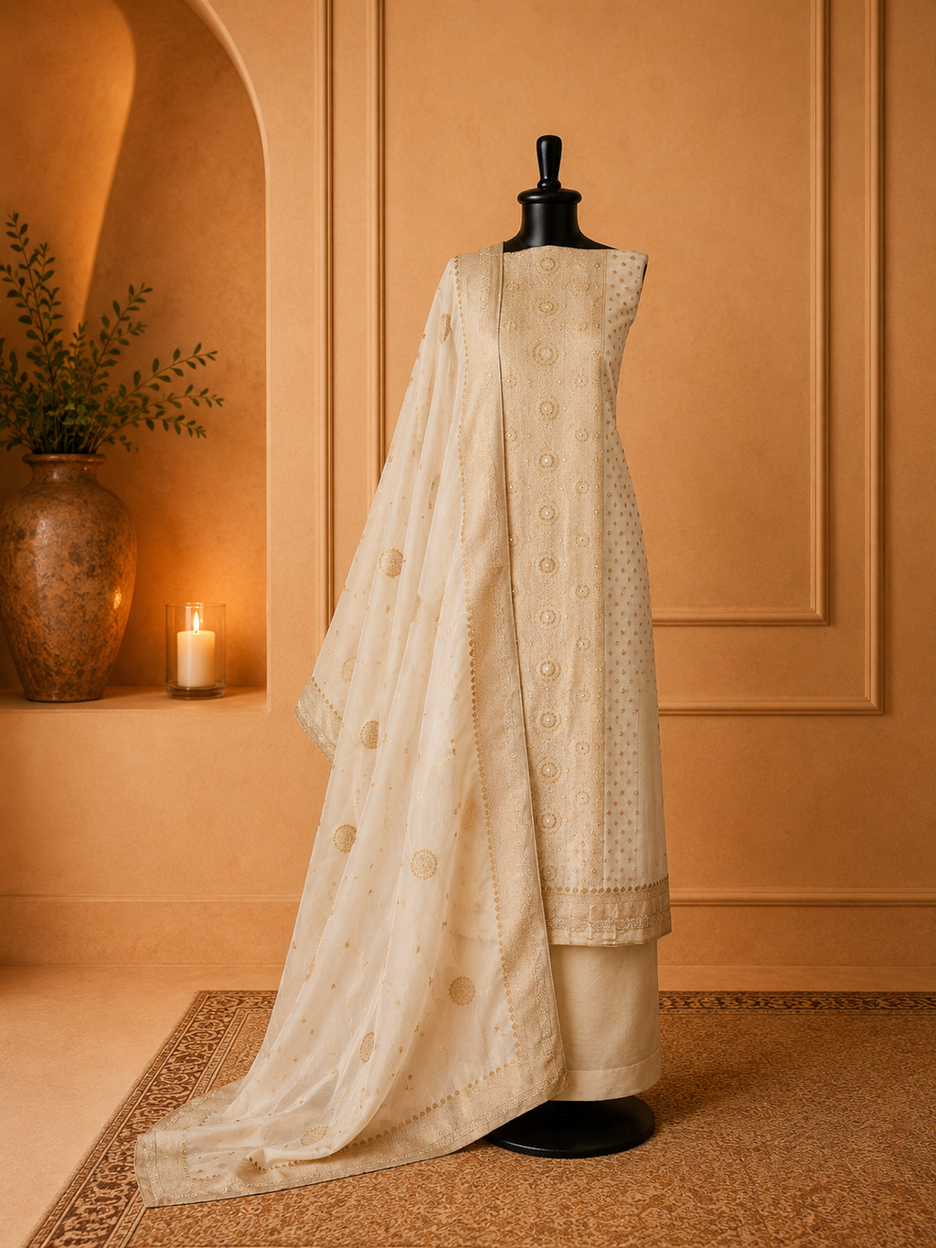 Rich pearl white organza Banarasi suit