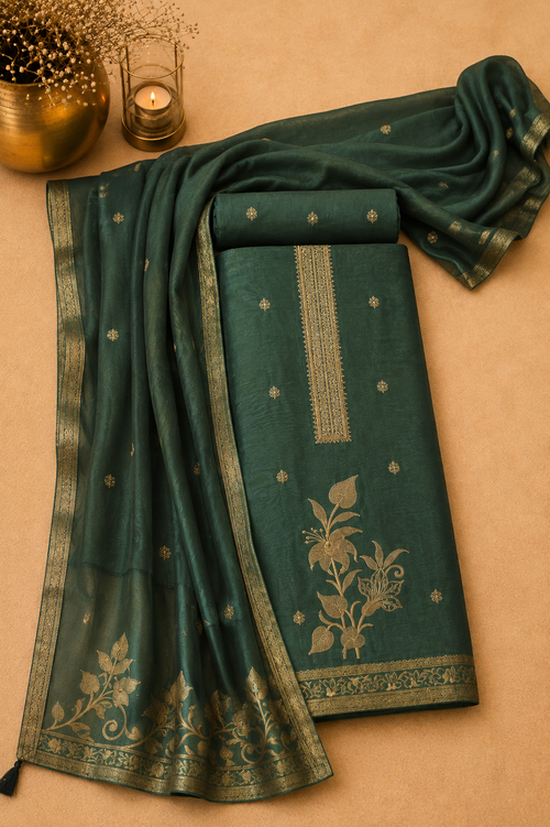 Dark green Banarasi suit with intricate weaving in a contemporary style