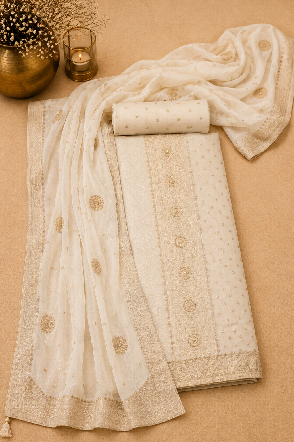 Rich pearl white organza Banarasi suit