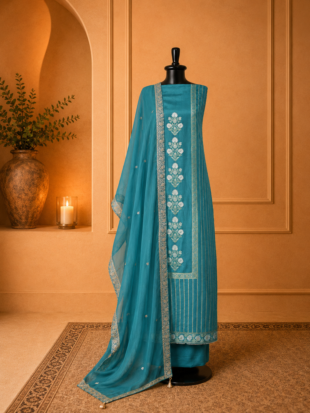 Teal blue Banarasi suit featuring an elegant long yoke