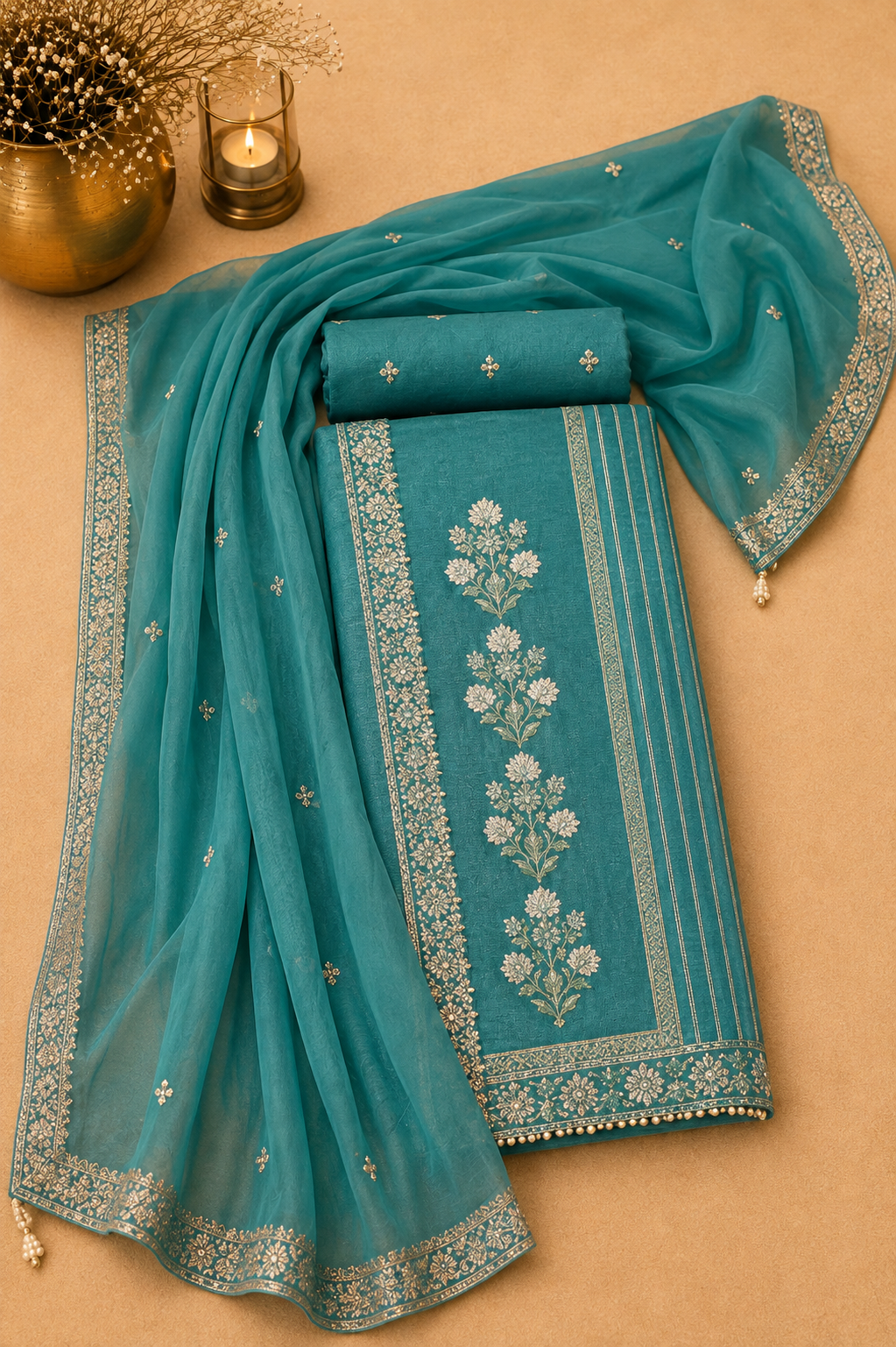 Teal blue Banarasi suit featuring an elegant long yoke