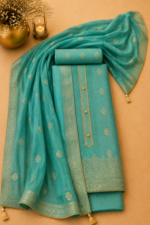 Aqua blue (Firozi) Banarasi silk suit