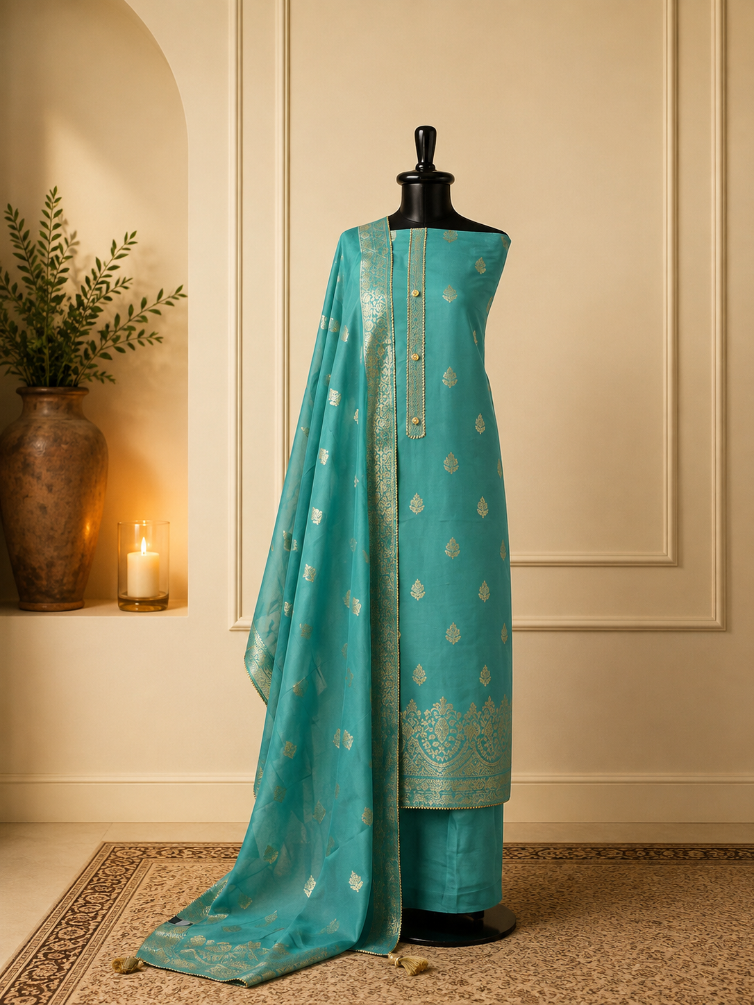 Aqua blue (Firozi) Banarasi silk suit
