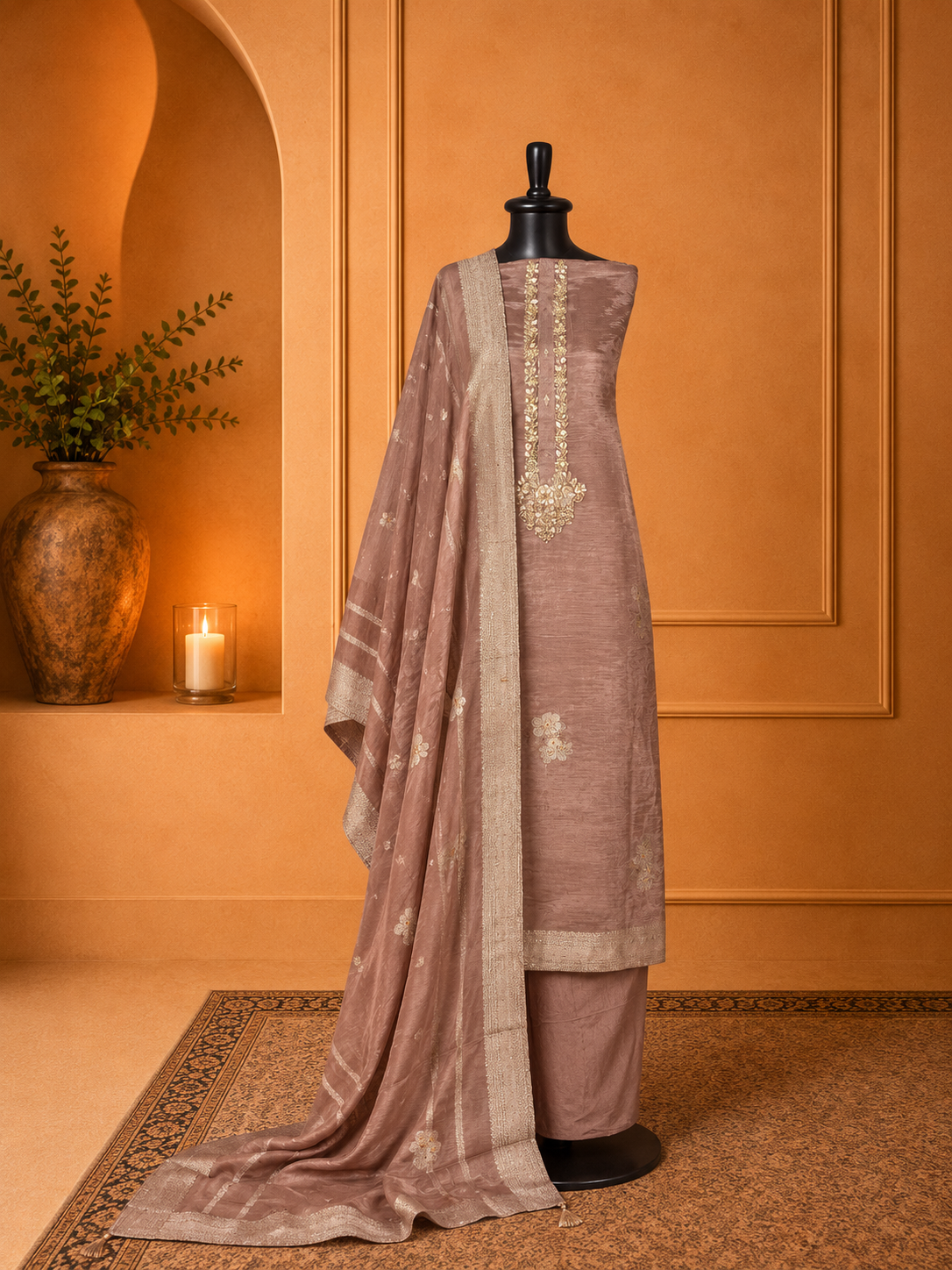 Banarasi buttis and a hand-embroidered neckline