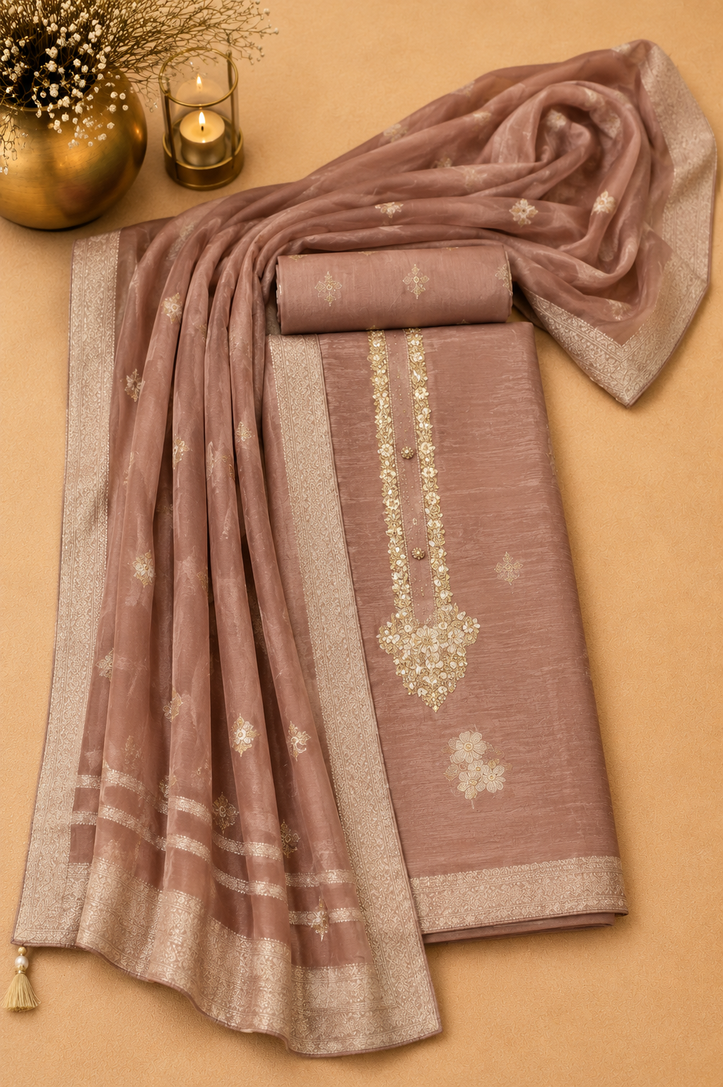 Banarasi buttis and a hand-embroidered neckline