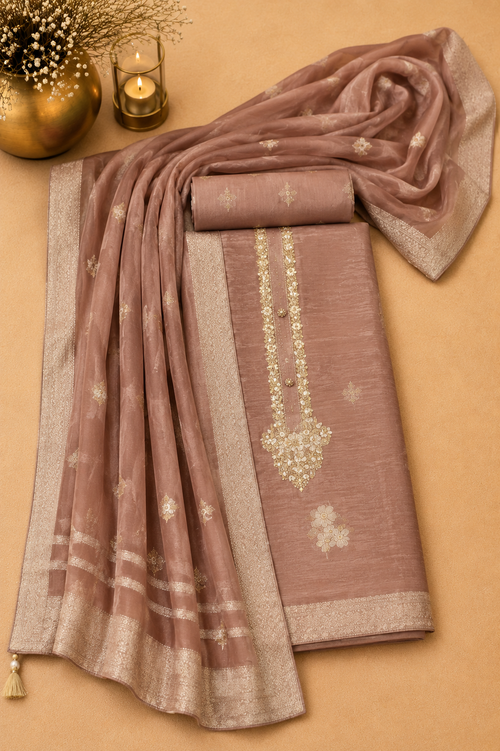 Banarasi buttis and a hand-embroidered neckline