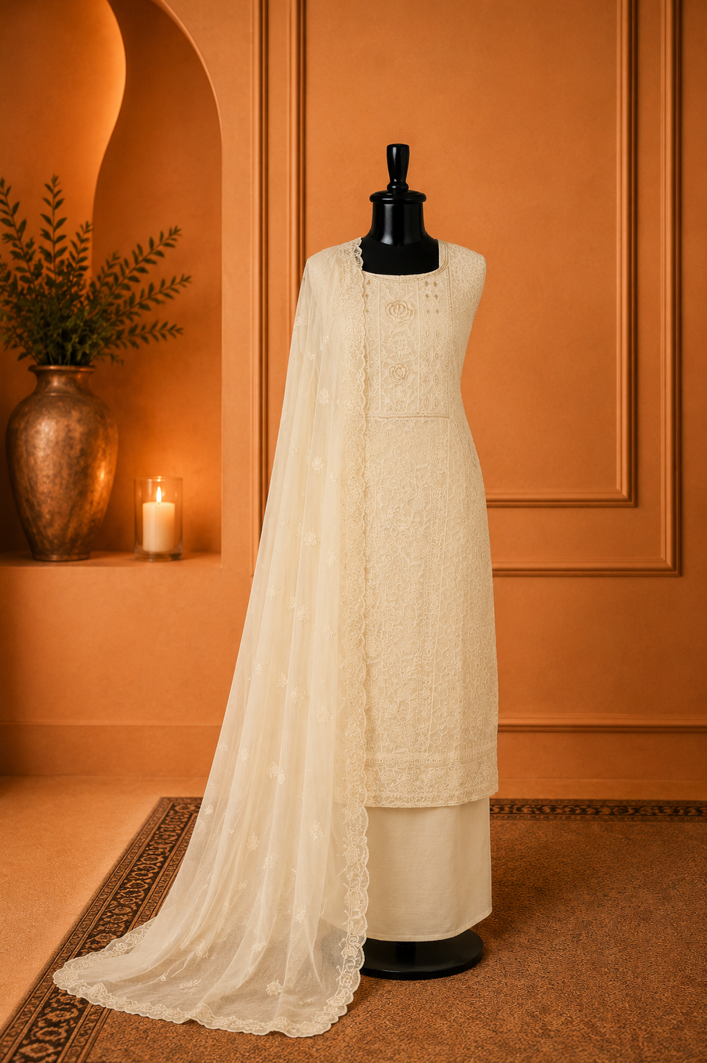Pearl white pure chiffon self-embroidered suit