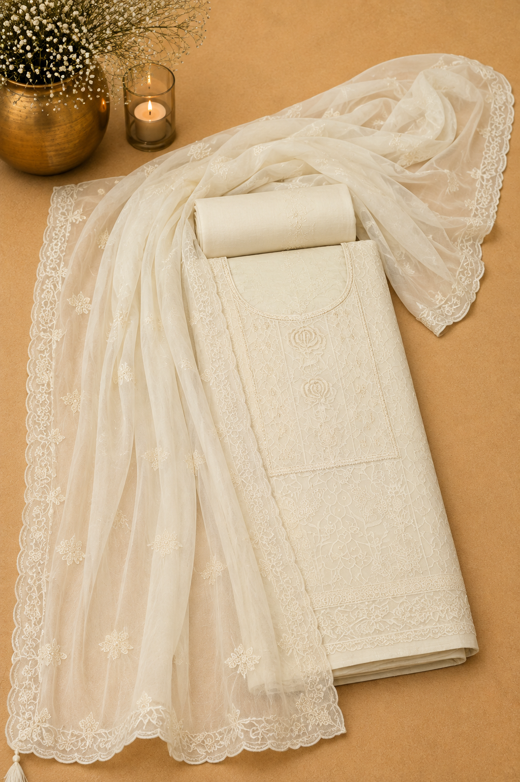 Pearl white pure chiffon self-embroidered suit