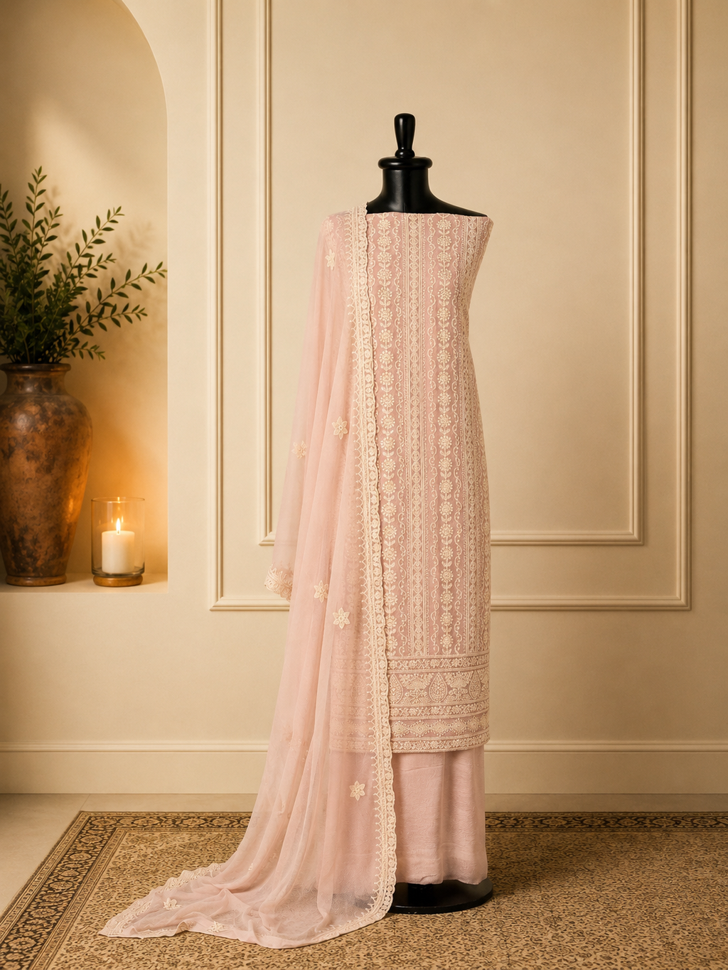 Light peach pure chiffon self-embroidered suit