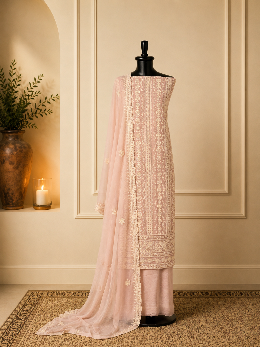 Light peach pure chiffon self-embroidered suit