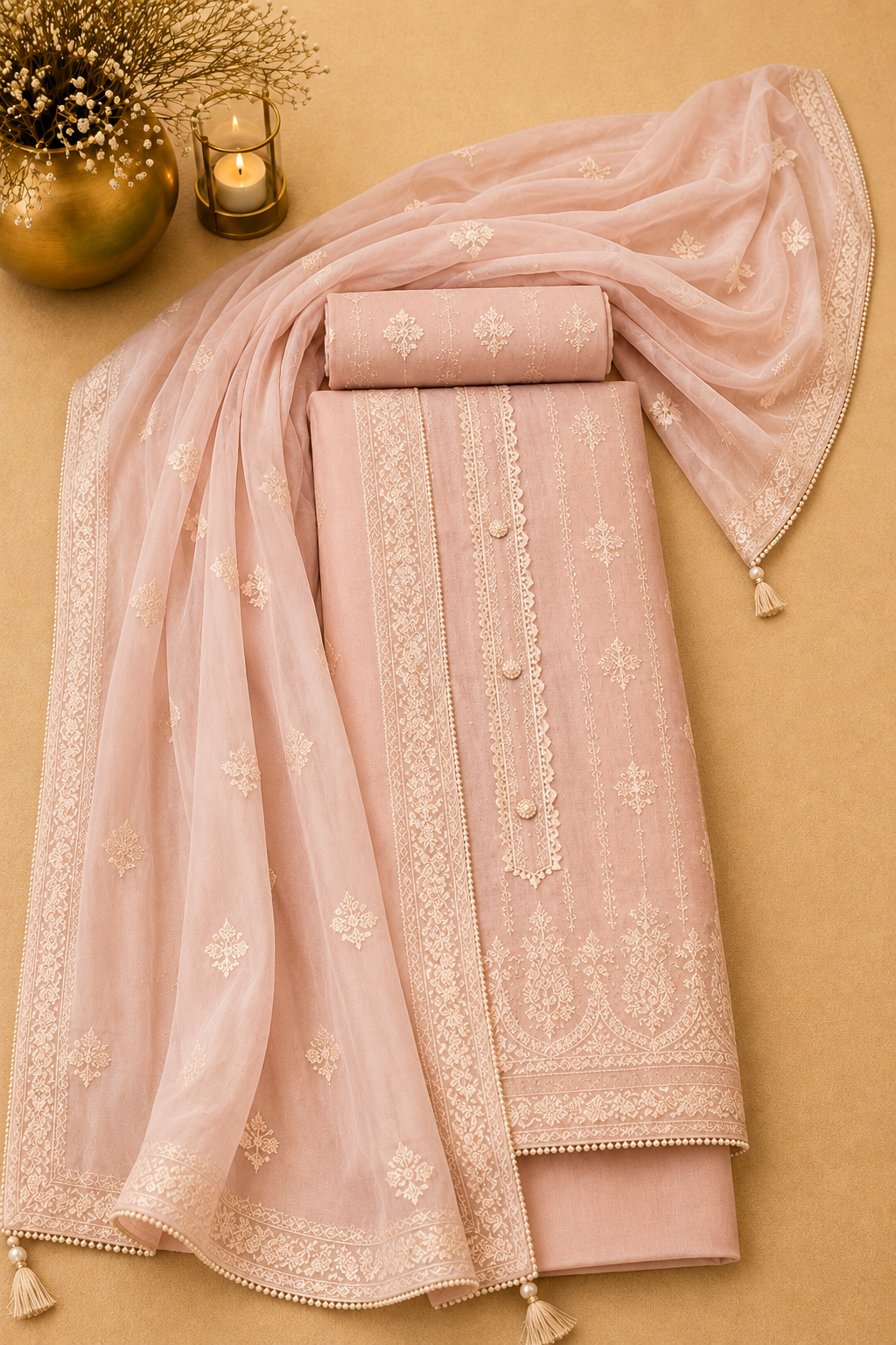Light peach pure chiffon self-embroidered suit