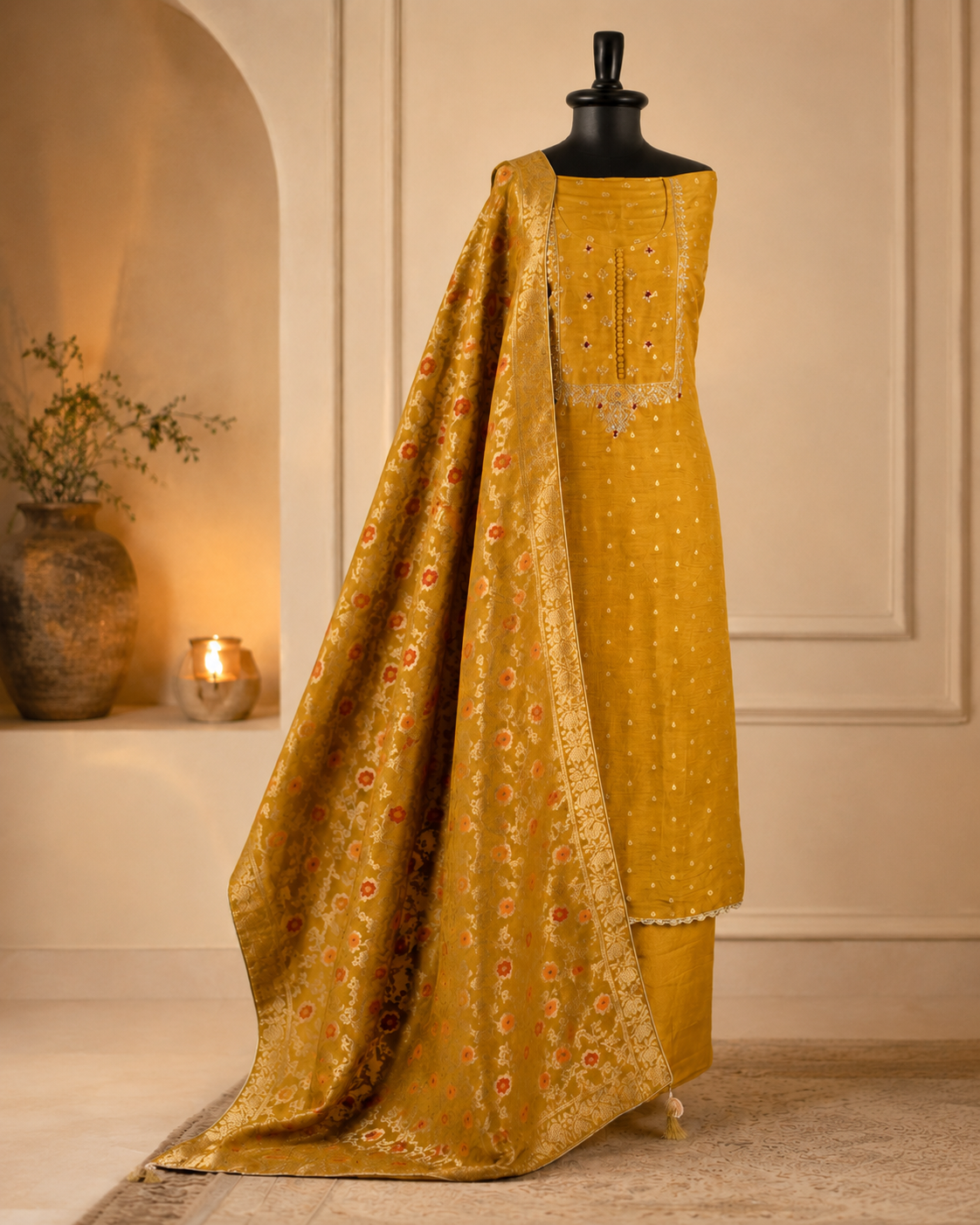 Mustard Banarasi Butti Embroidered Dress Material