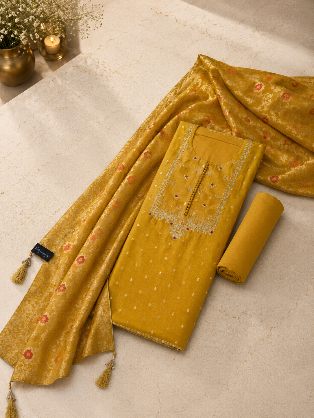 Mustard Banarasi Butti Embroidered Dress Material