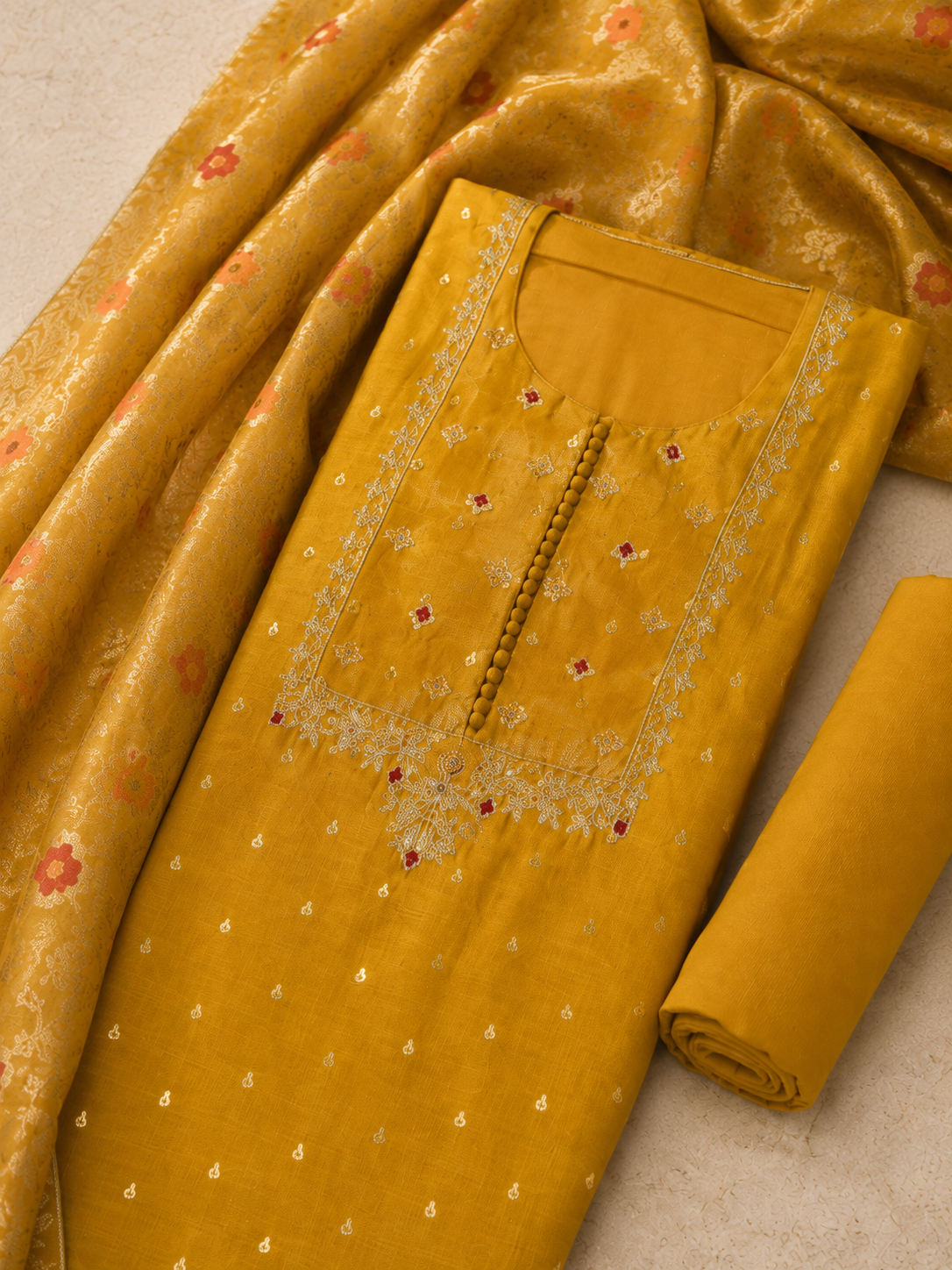 Mustard Banarasi Butti Embroidered Dress Material